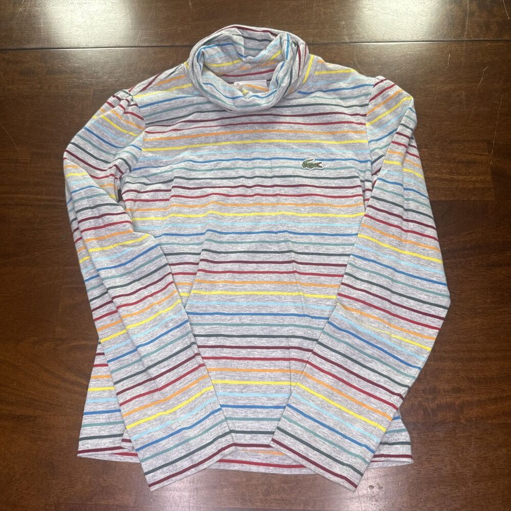 Lacoste Girls Size 10 Grey Heather Striped Turtleneck Long Sleeve Top Cotton